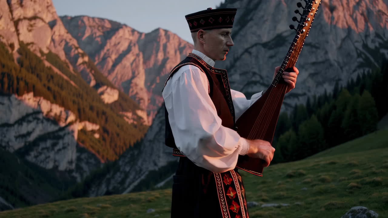 Traditional Musician in Alpine Landscape at Sunset