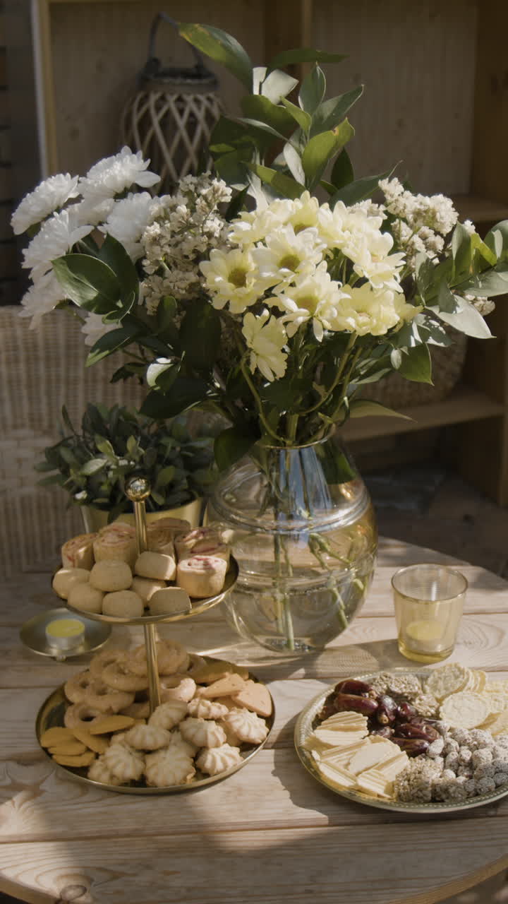 Outdoor table set with flowers, cookies, pastries, and snacks