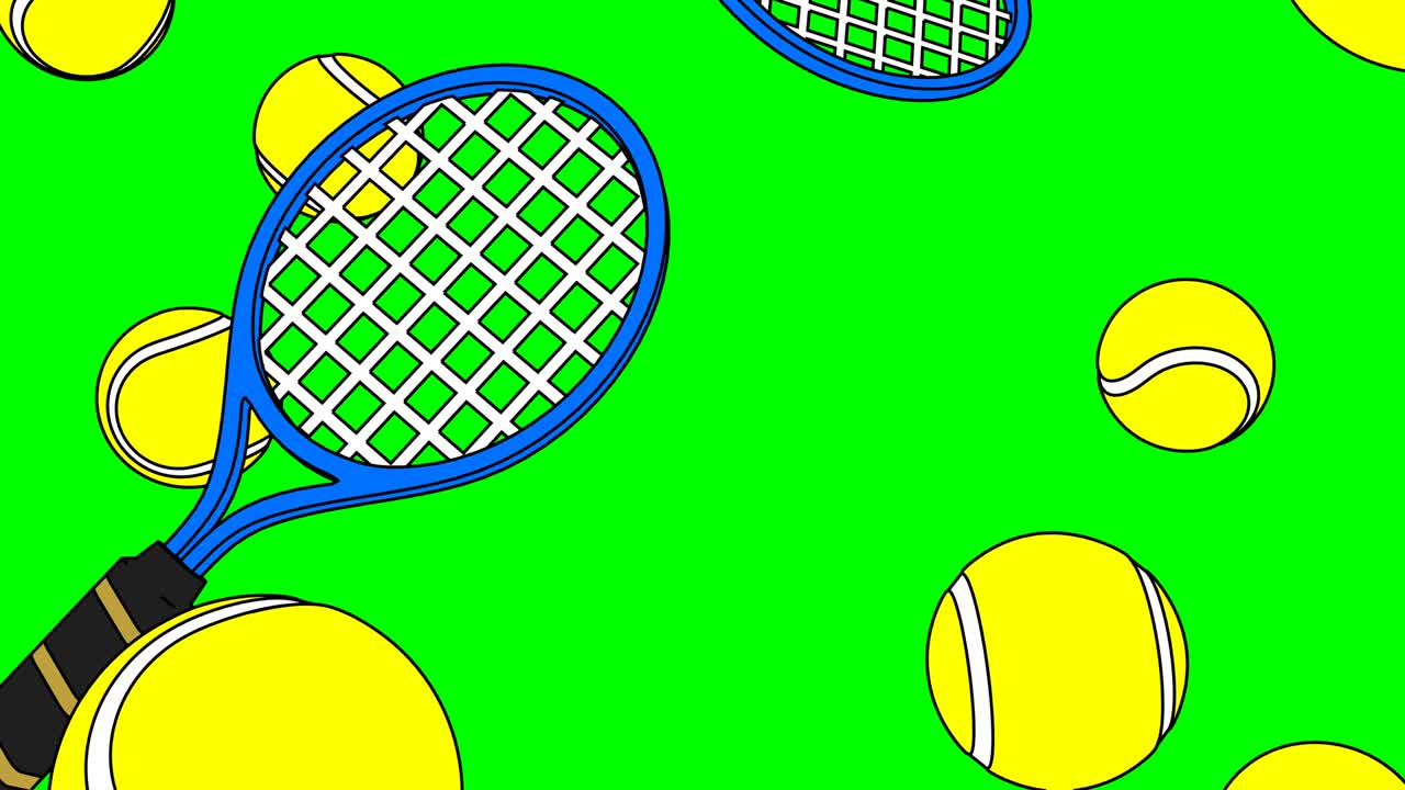 초록색 크로마 키 배경에 톤 스타일의 테니스 공과 파란색 테니스 라켓.
