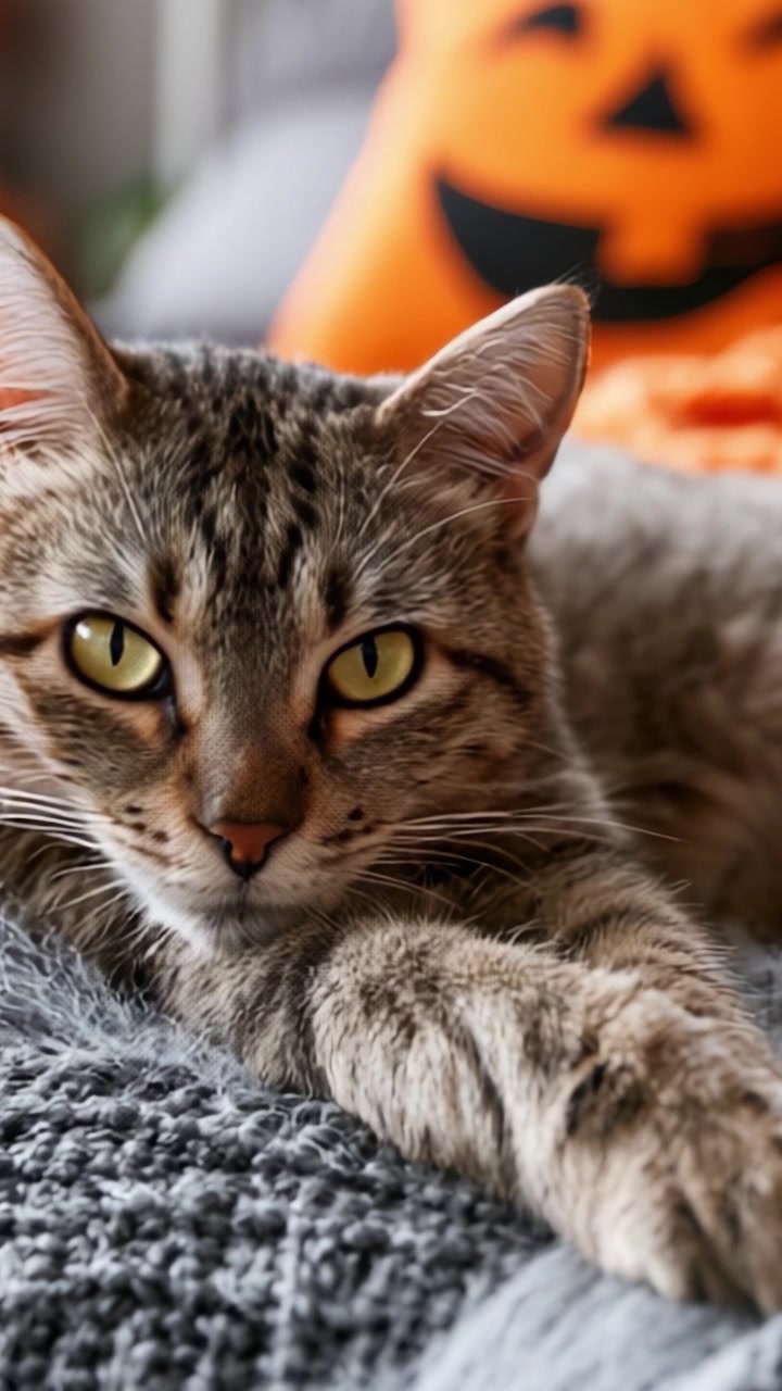 Un'affascinante trasformazione: un primo piano di un gatto soriano giocoso che si rilassa comodamente su una morbida coperta, circondato da decorazioni autunnali festive.