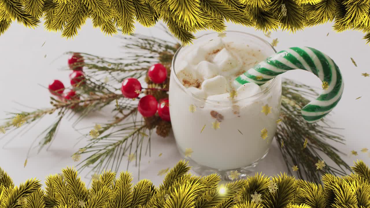 animación de estrellas cayendo sobre la bebida de navidad y decoraciones.