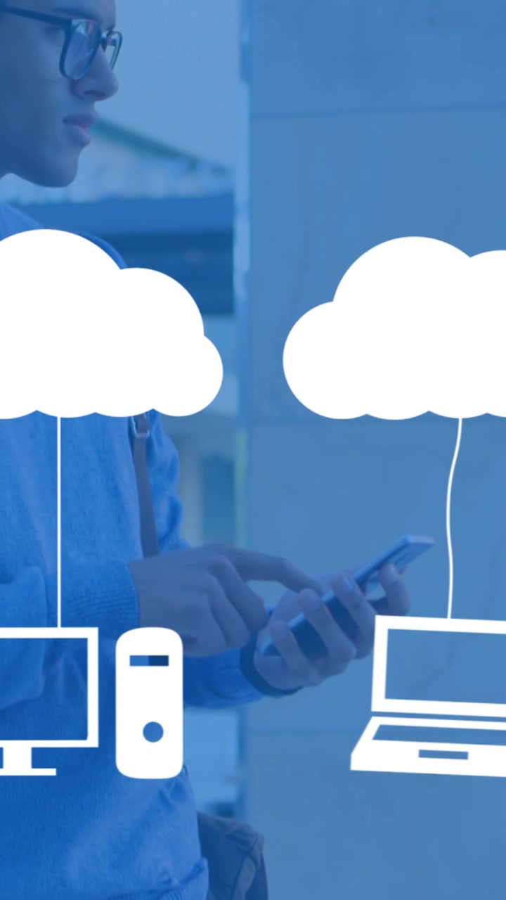 Animation of clouds with electronic devices over man using smartphone