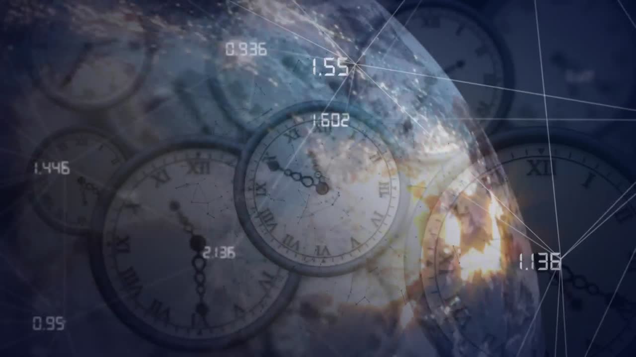 animación de la red de conexiones sobre relojes móviles y globo