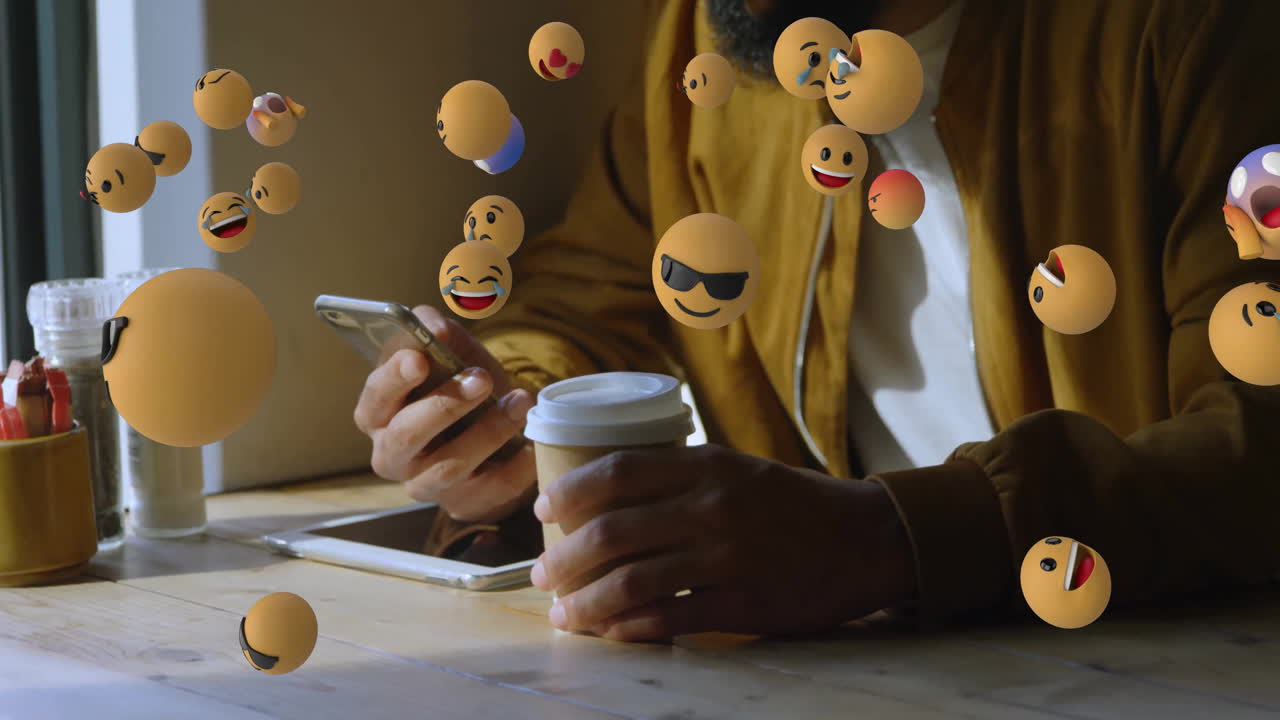 User engagement being animated in scene, showing smartphone use coffee cup and floating emoji in 3D
