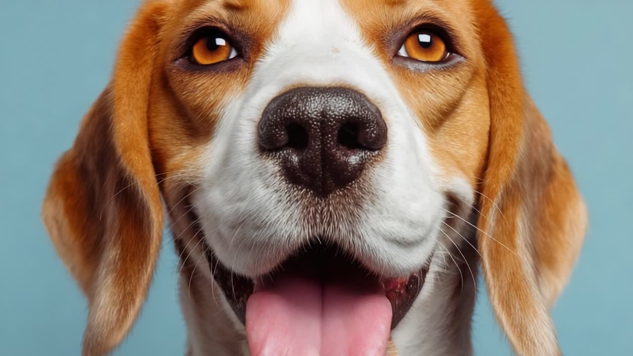 Un beagle allegro e felice con un'espressione gioiosa che mostra il suo sorriso affascinante e il suo comportamento amichevole in un ambiente luminoso e allegro