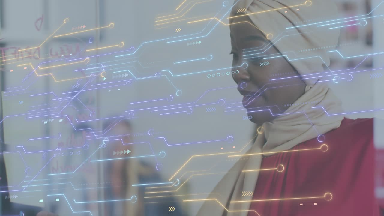 Presenter raising hand to start tech meeting, explaining notes with drifting circuit-style overlay