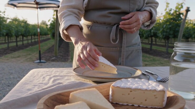 Coming woman in beige apron reaching placing cheese wedge on plate at vineyard for tasting, grapes