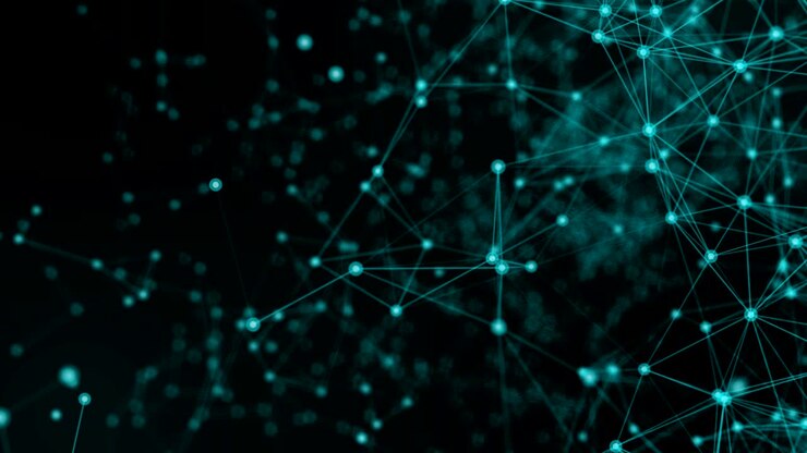 4K Abstract web background. polygon lines and dots moving randomly on dark gray/black background. Seamless loop.