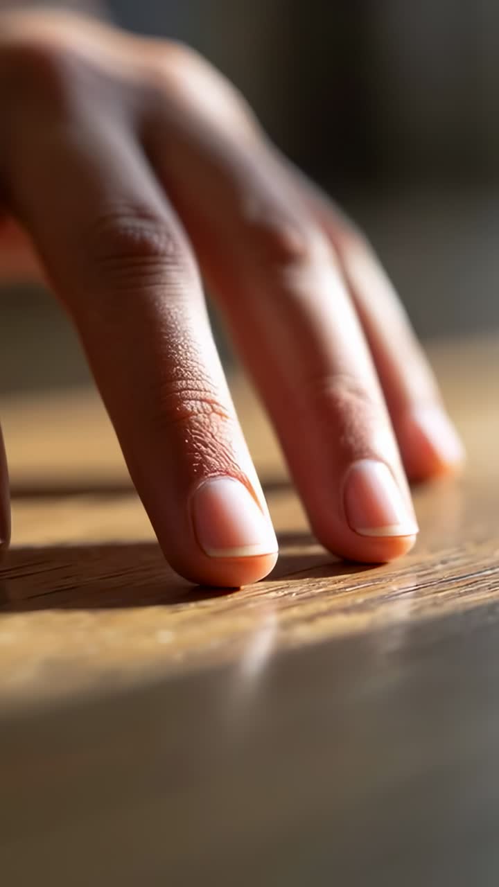 Vertical video: Lowering fingertips feeling wood grain, hand sliding across tabletop at home