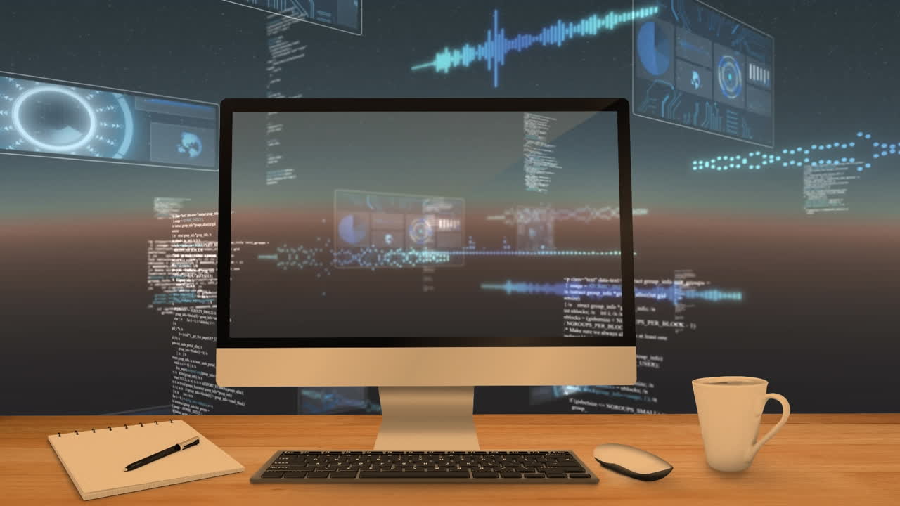 데이터 처리를 위한 데스크과 스캐너를 갖춘 오피스 기술 설정.