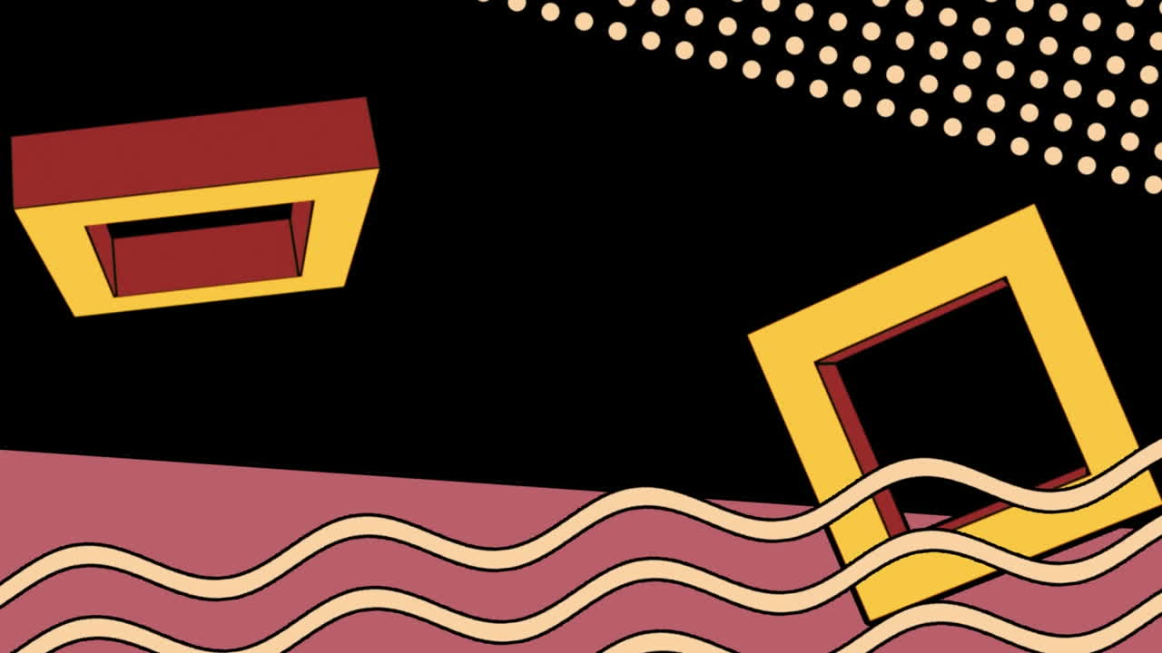 검은 바탕에 회전하는 사각형과 파동의 애니메이션