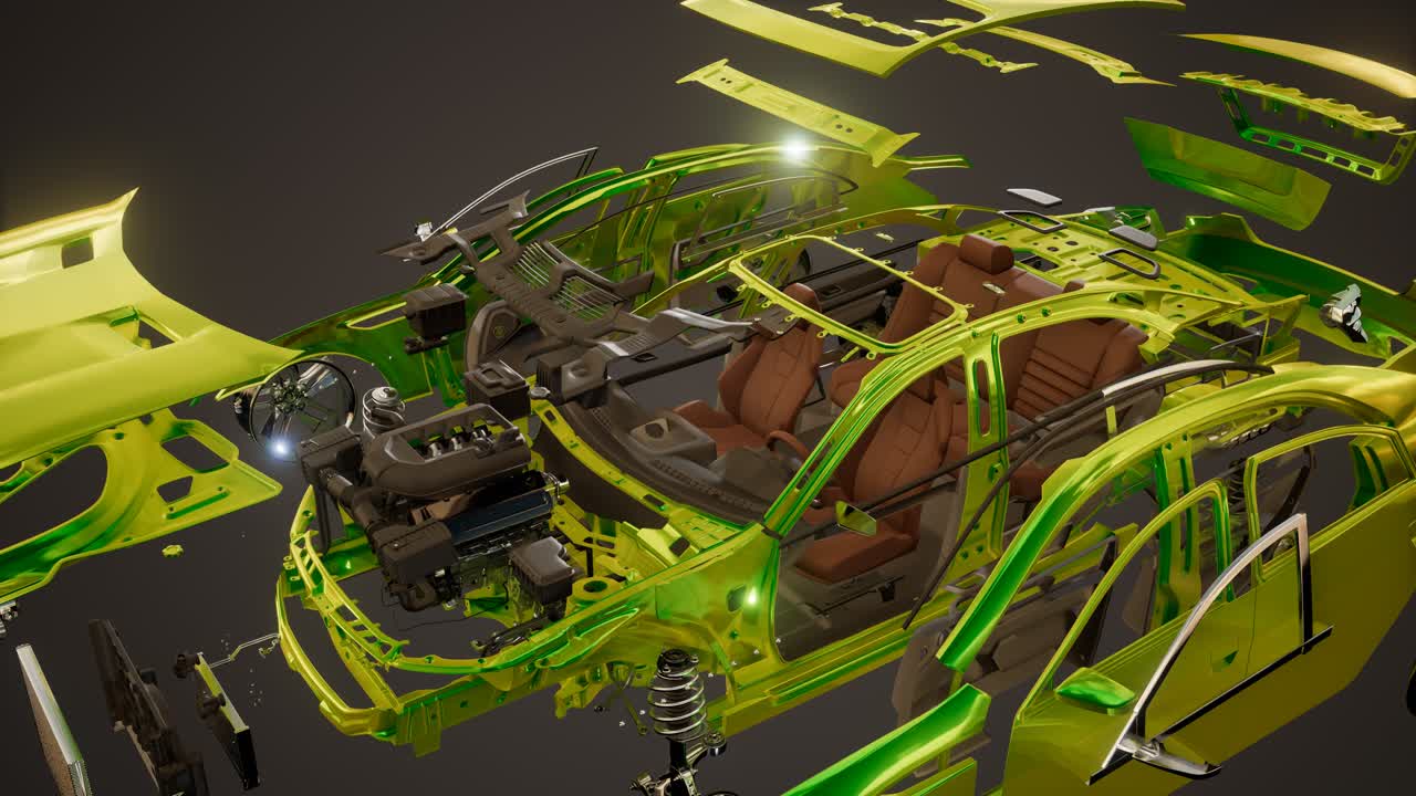 coche desmontado con partes visibles