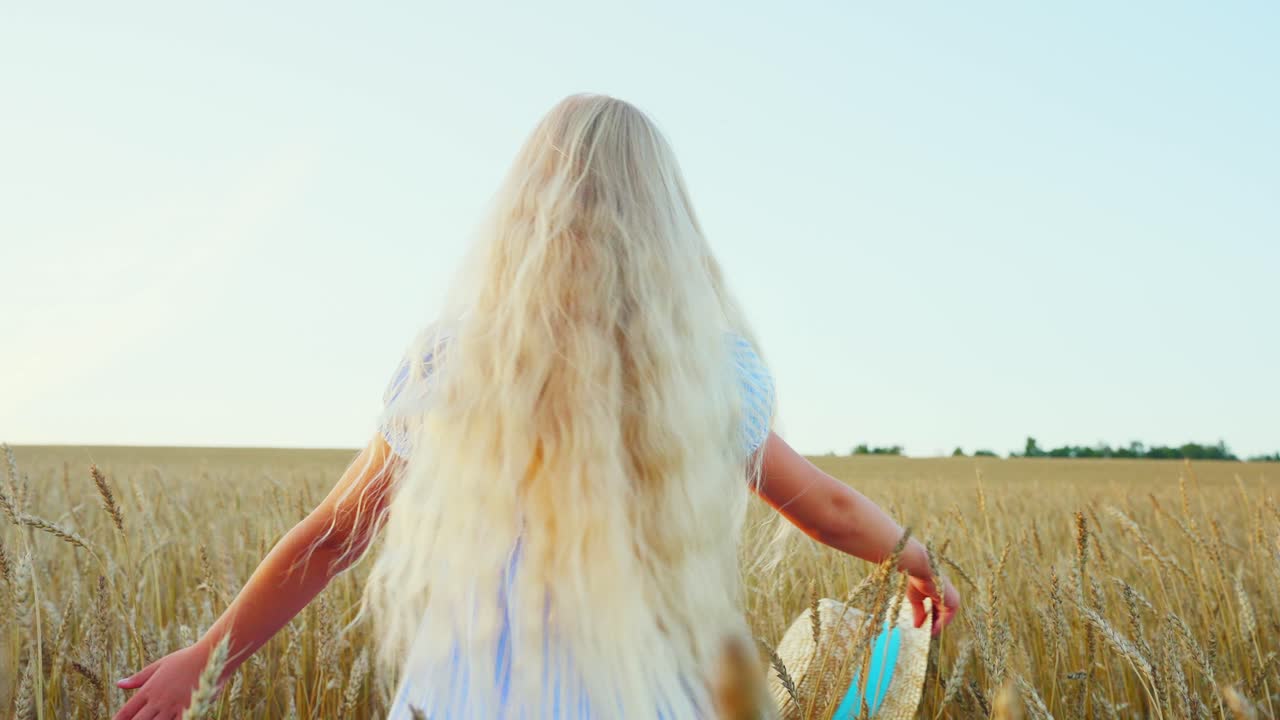 Giovane ragazza bionda con i capelli lunghi in piedi in un campo di grano dorato.