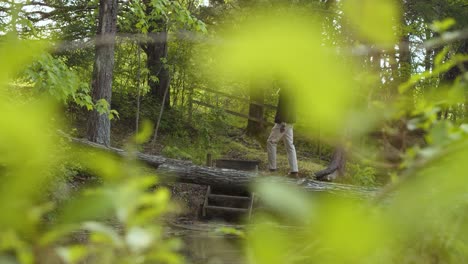 Mann-überquert-Einen-Bach-Auf-Einer-Baumstammbrücke-Im-Wald---Von-Rechts-Nach-Links