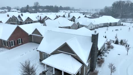 snow-covered houses with glowing street lamp, twilight, quiet neighborhood