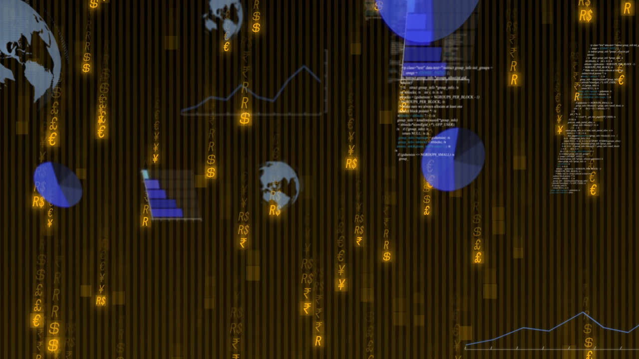 Financial symbols and graphs over digital world map and binary code animation