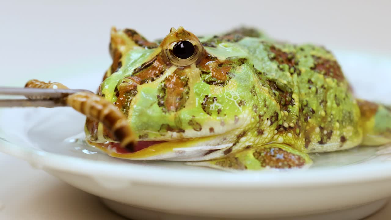 A horned frog consumes a superworm on a white plate under bright lighting, showcasing natural feeding behavior