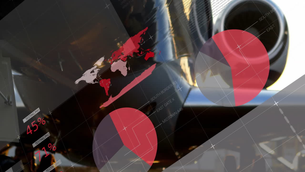 Close-up of aircraft engine with digital data animation overlay in background