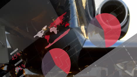 close-up of aircraft engine with digital data animation overlay in background