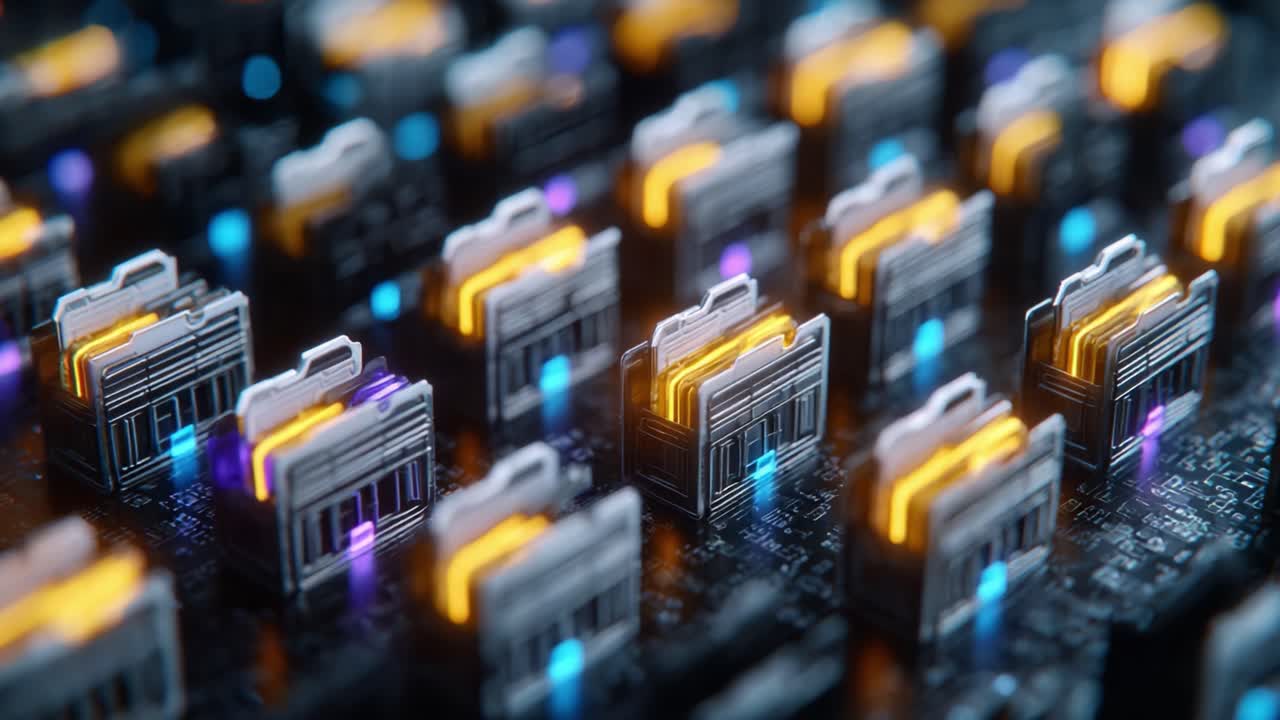 A Close-Up View of Data Storage Components with Vibrantly Colored File Icons Representing Digital Organization and Technology in a Modern Computing Environment