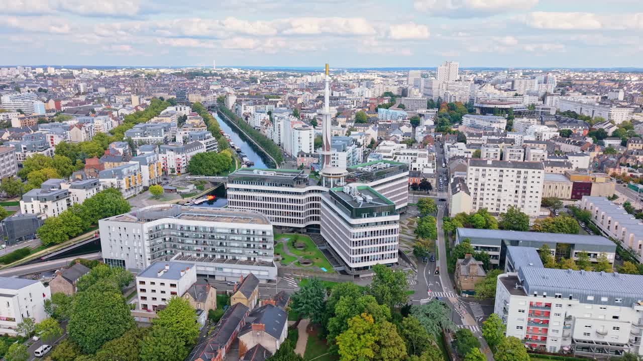 Le Mabilay building and Vilaine river in Rennes, cityscape, France. Aerial drone orbiting