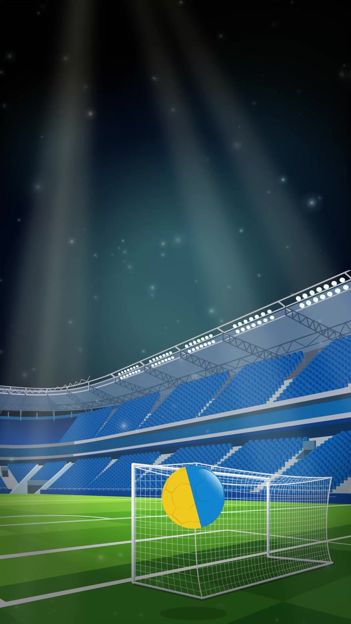 Stylized soccer ball bounces across a night stadium field with bright floodlights and empty stands.