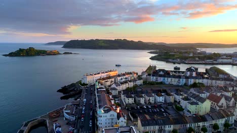 4K-Aerial-Plymouth-England-Buildings-Sunset-Ocean-Islands-Drakes-Island-Flyover