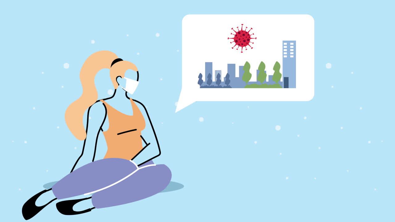 코로나19 예방을 위해 의료 마스크를 착용한 젊은 여성이 공원에서 휴식을 취합니다.