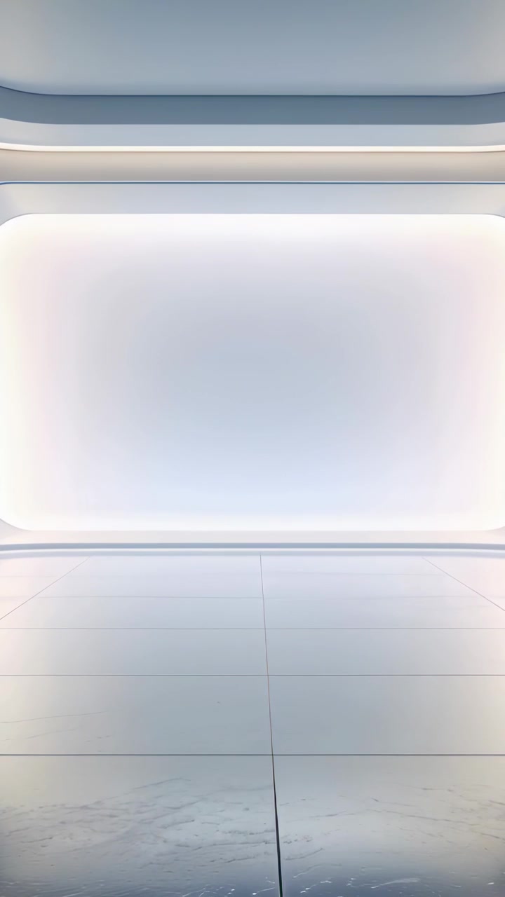 Vertikální video: Stmívající se LED, zářící podsvícený panel a zrcadlící se dlážděná podlaha ve studiu jako pozadí.