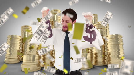 animation of confetti falling over man holding sacks with dollar symbols and stacks of coins