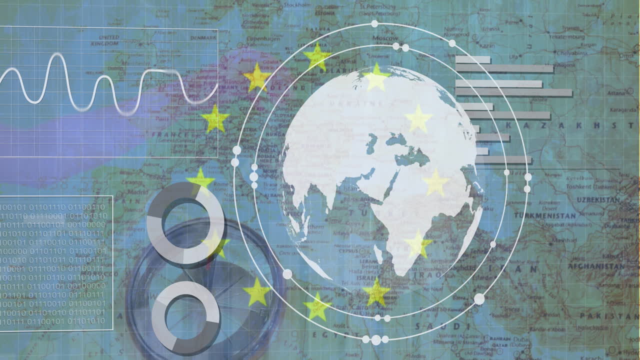 통계 및 데이터 처리의 애니메이션 및 유럽의 전 세계 지도