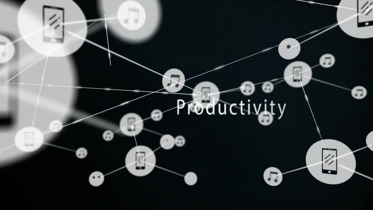 Animation of network of connections with devices icons and development text over black background