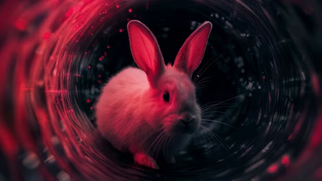 a white rabbit in a red light tunnel