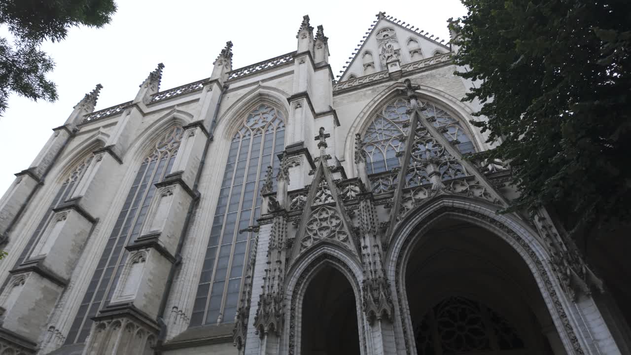 Majestic view of the intricately designed Gothic facade of St Michael and St Gudula Cathedral, showcasing its stunning architectural details