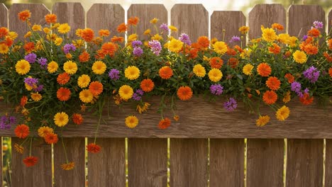 a colorful display of vibrant flowers in bloom along a rustic wooden fence, capturing the essence of nature's beauty in a serene outdoor setting