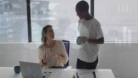 animation of financial data processing over diverse business people working at office
