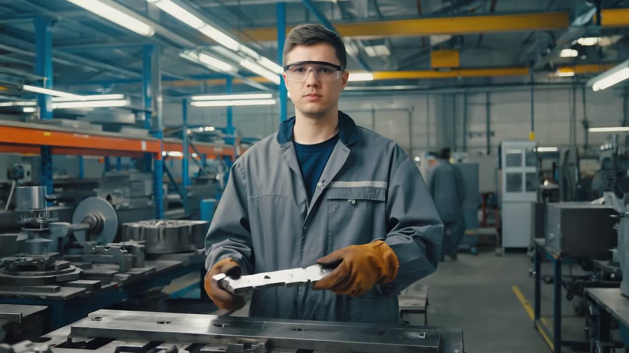 Factory worker holding a metal component