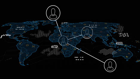 animation of network connections overlaying digital world map on black background