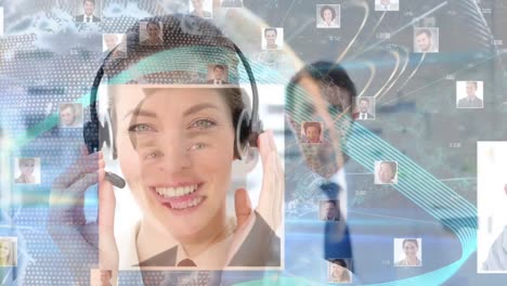 Animation-of-network-of-connections-over-business-woman-using-phone-headset