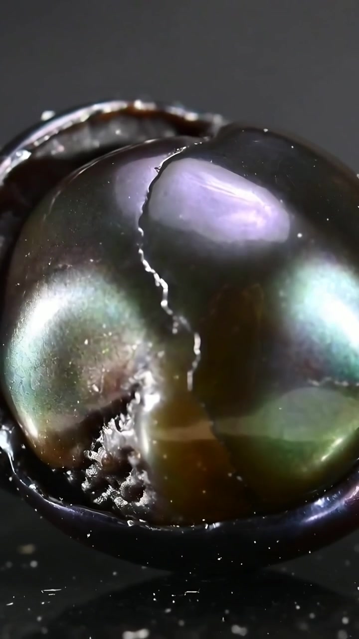 Video verticale: Inquadratura che si allarga su una sfera scura e lucida su un tavolo, con un guscio rotto che mostra una giuntura.
