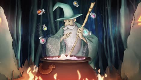 wizard brewing potion in a forest