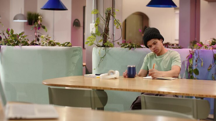 Uomo adulto afroamericano che guarda un taccuino, scrive, tiene una tazza blu in un caffè dai colori pastello, con spazio per il testo.