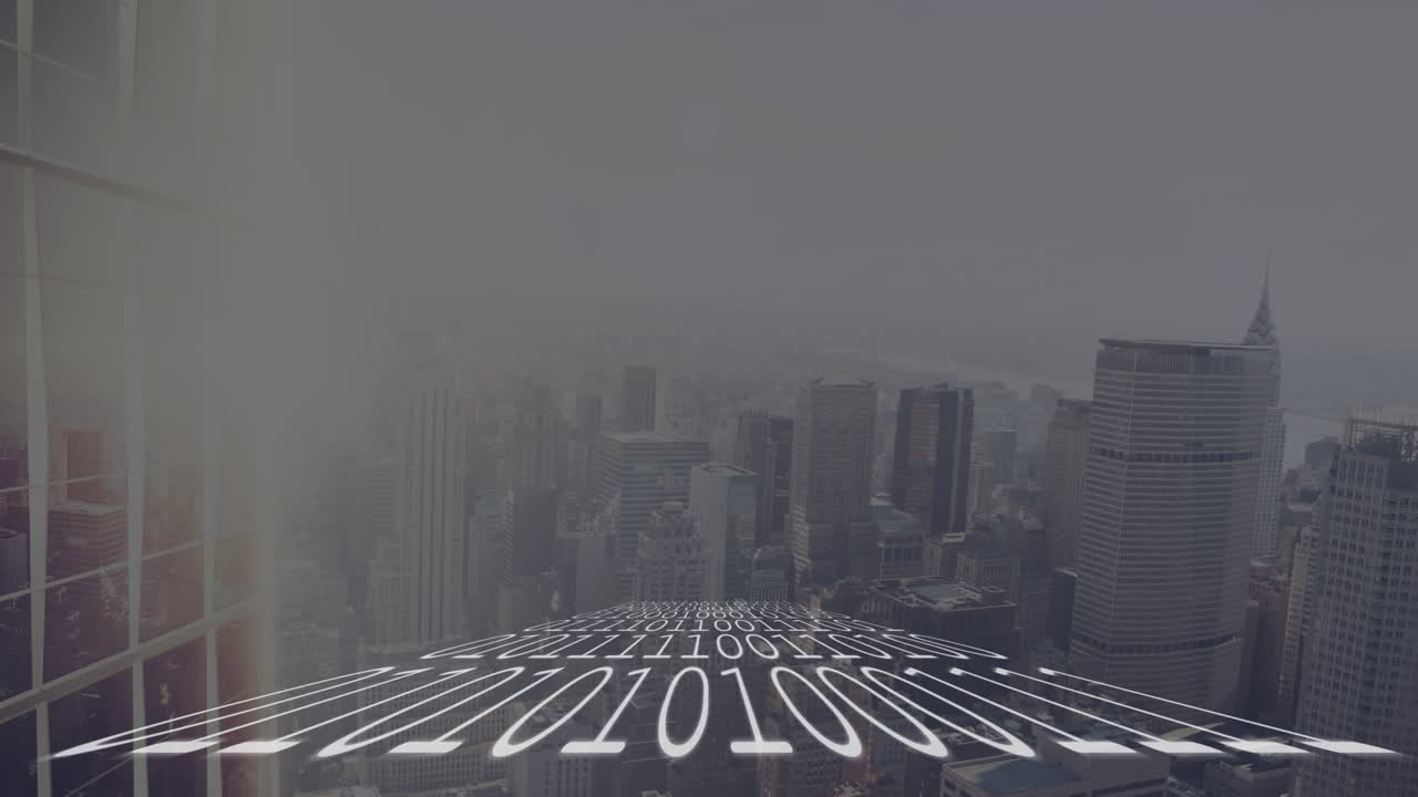 도시 풍경 위의 데이터 처리 애니메이션