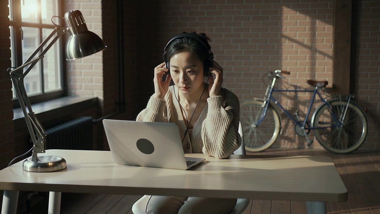 Young Woman Wearing Headphones Working on Laptop in Home Office