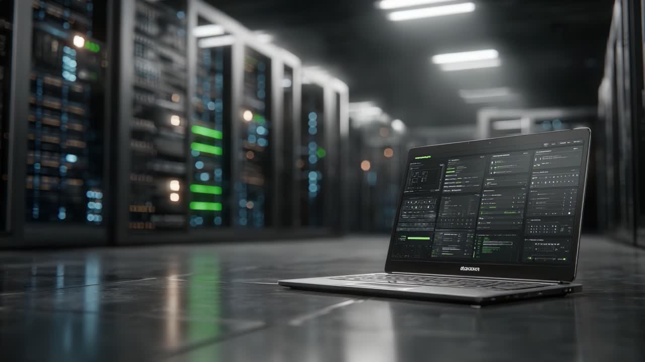 Advanced Laptop Displaying Analytics Amidst a Modern Data Center, Highlighting Technology and Data Management in a High-Performance Computing Environment