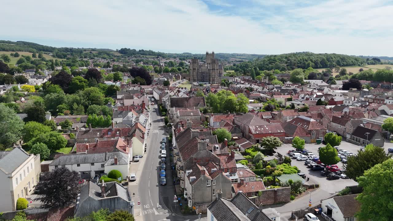 Wells, town Somerset UK houses and streets drone,aerial