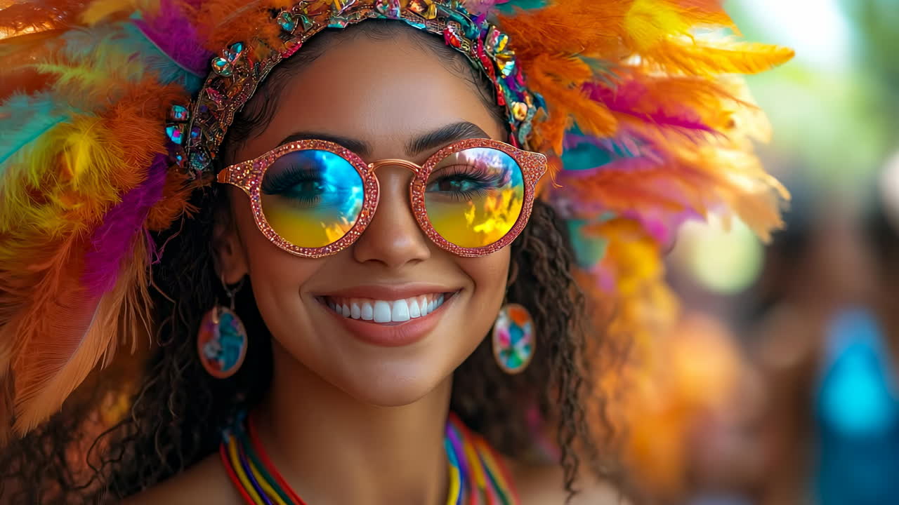 Colorful carnival celebration. Festive atmosphere with a person wearing a feathered headdress and sunglasses during a lively carnival celebration
