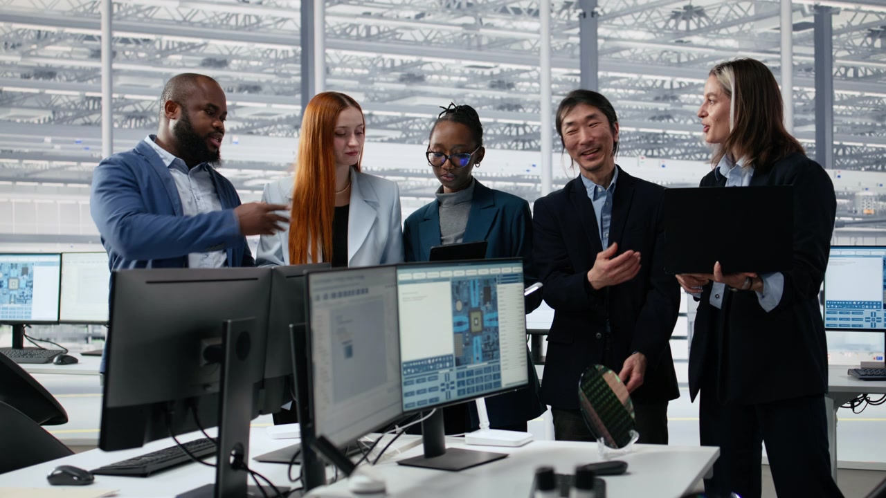 Diverse Team of Engineers Discussing Technology in Modern Office