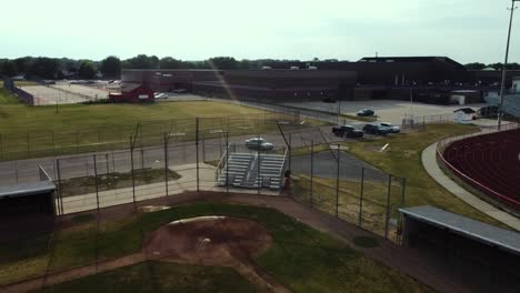 A-drone-takes-footage-while-flying-over-a-high-school-on-the-east-side-of-Michigan