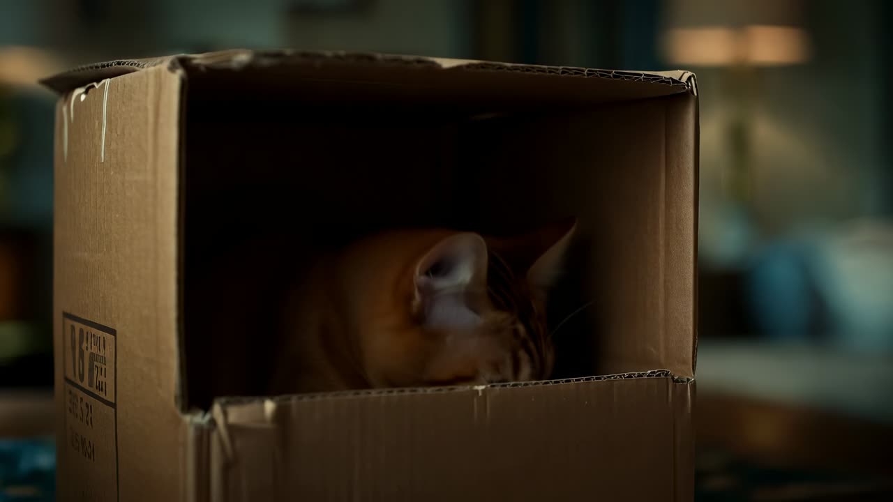 Raising head, orange-brown tabby cat pushing out of cardboard box in living room, seeking exit